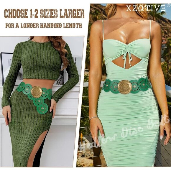 Woman\'s Western PU Leather Belts Concho Disc Wide Waist Belt Green Bronze Buckle